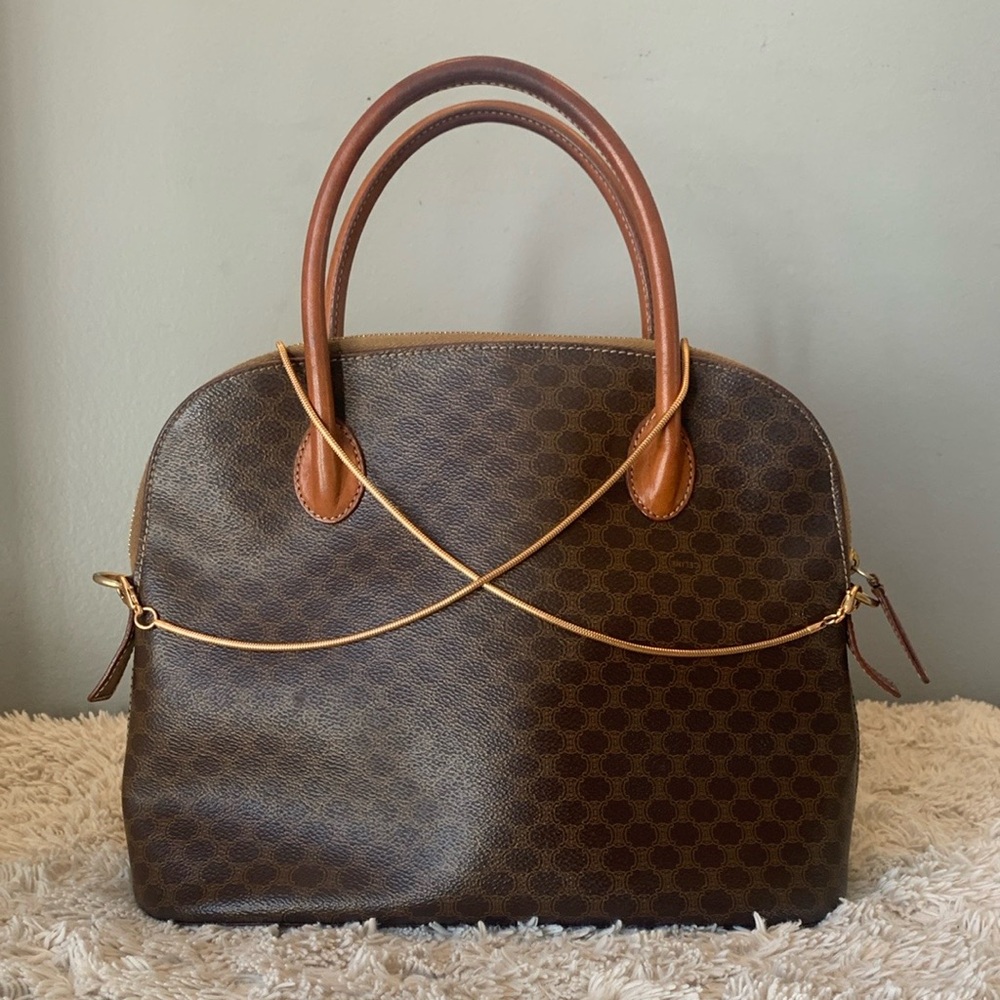 Celine Brown Monogram Dome Satchel with Tan Leather Handles